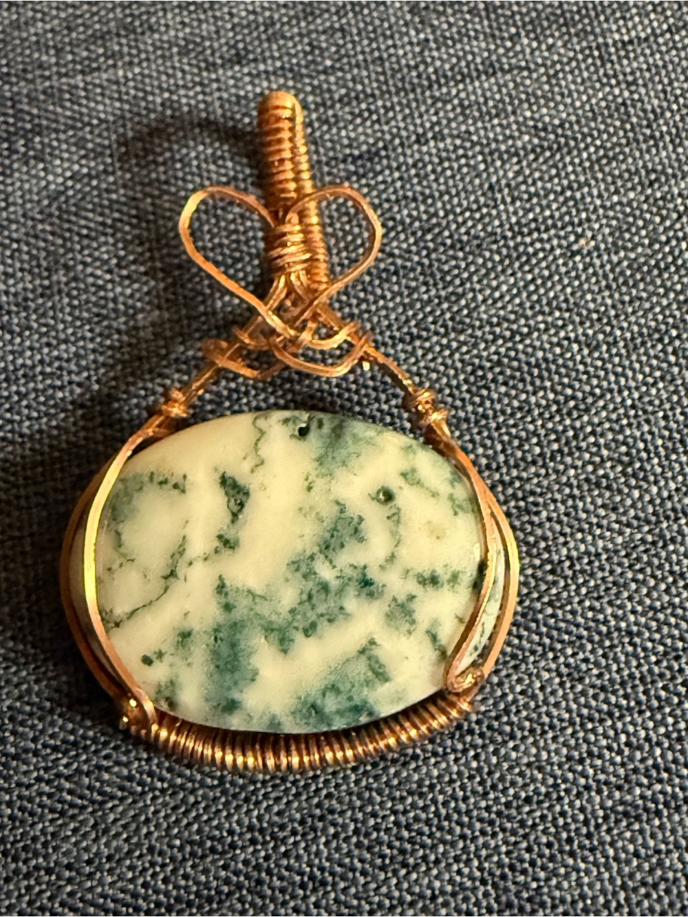 Copper Wire-Wrapped Green and White Moss Agate Necklace Pendant